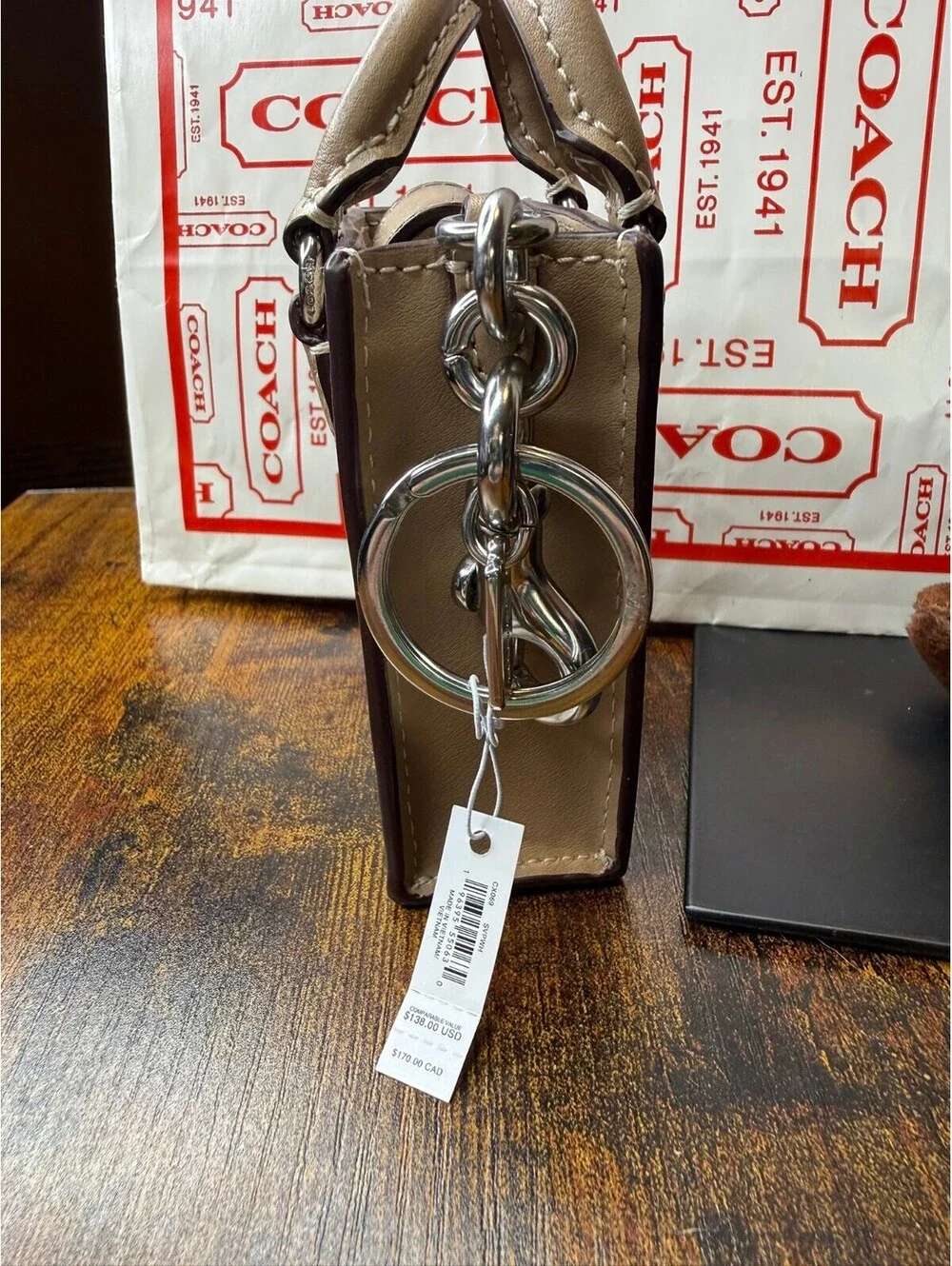 Coach Beige Mini Tote Keychain Bag Charm NWT + Coach Dust Bag